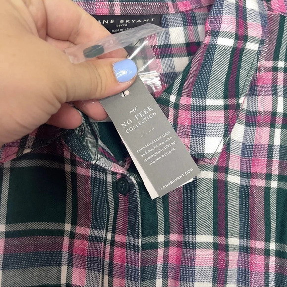 NWT Lane Bryant Pink Green Plaid Long Sleeve Button Blouse Roll Tab Sleeve 26/28 - Picture 4 of 6